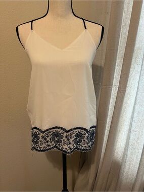 Alice Blue x Stitch Fix White Cami with Navy Embroidered Lace Hem | Size SP